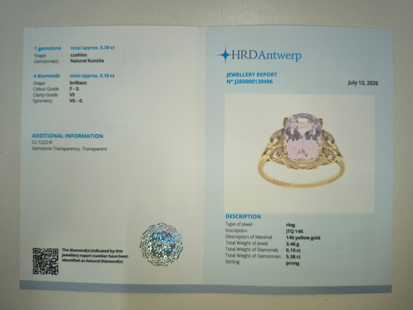5.48 Ct Cushion Natural Kunzite 14K Gold Ring