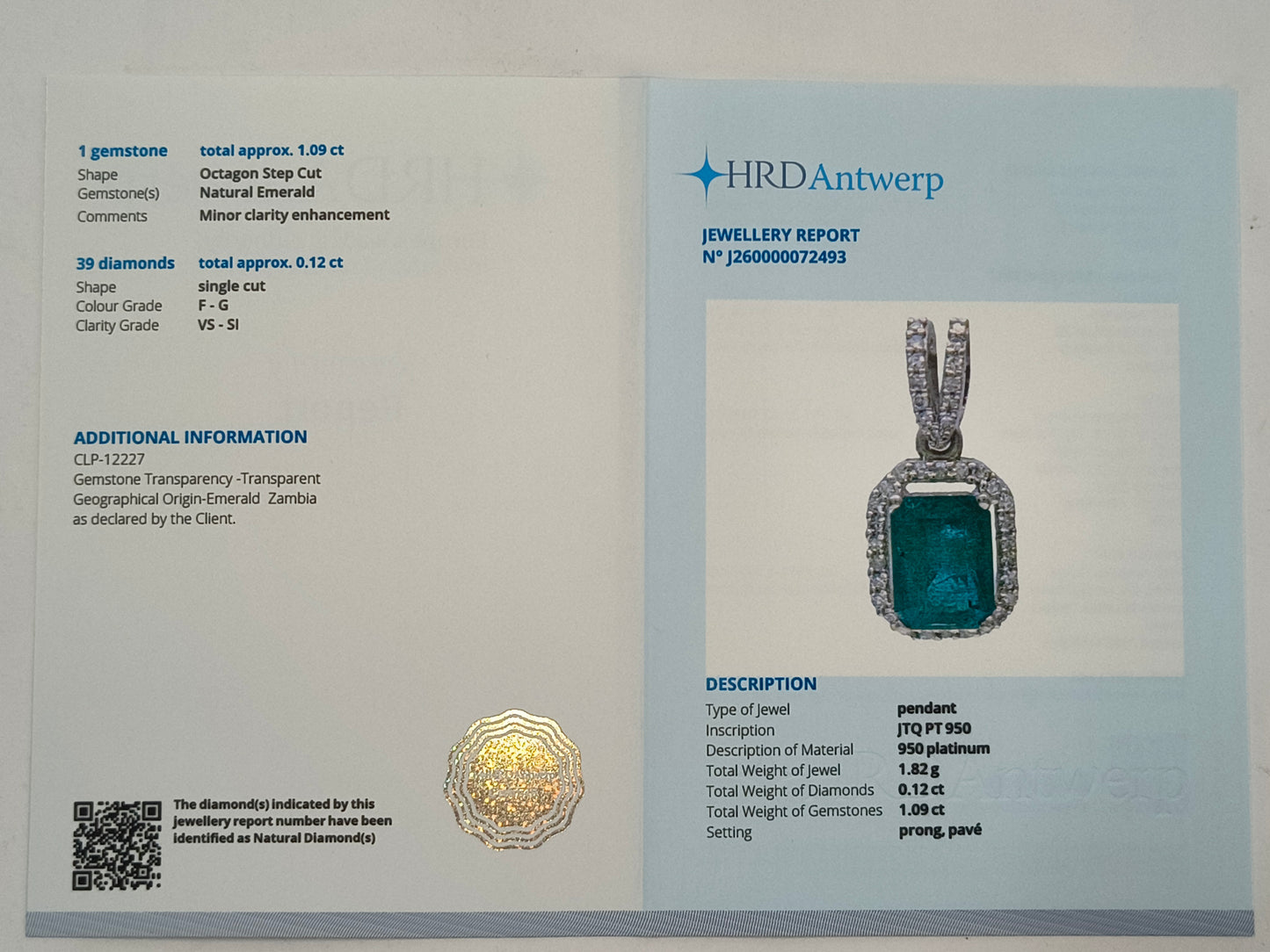 1.21 Ct Octagon Step Cut Natural Emerald 950 Platinum Pendant