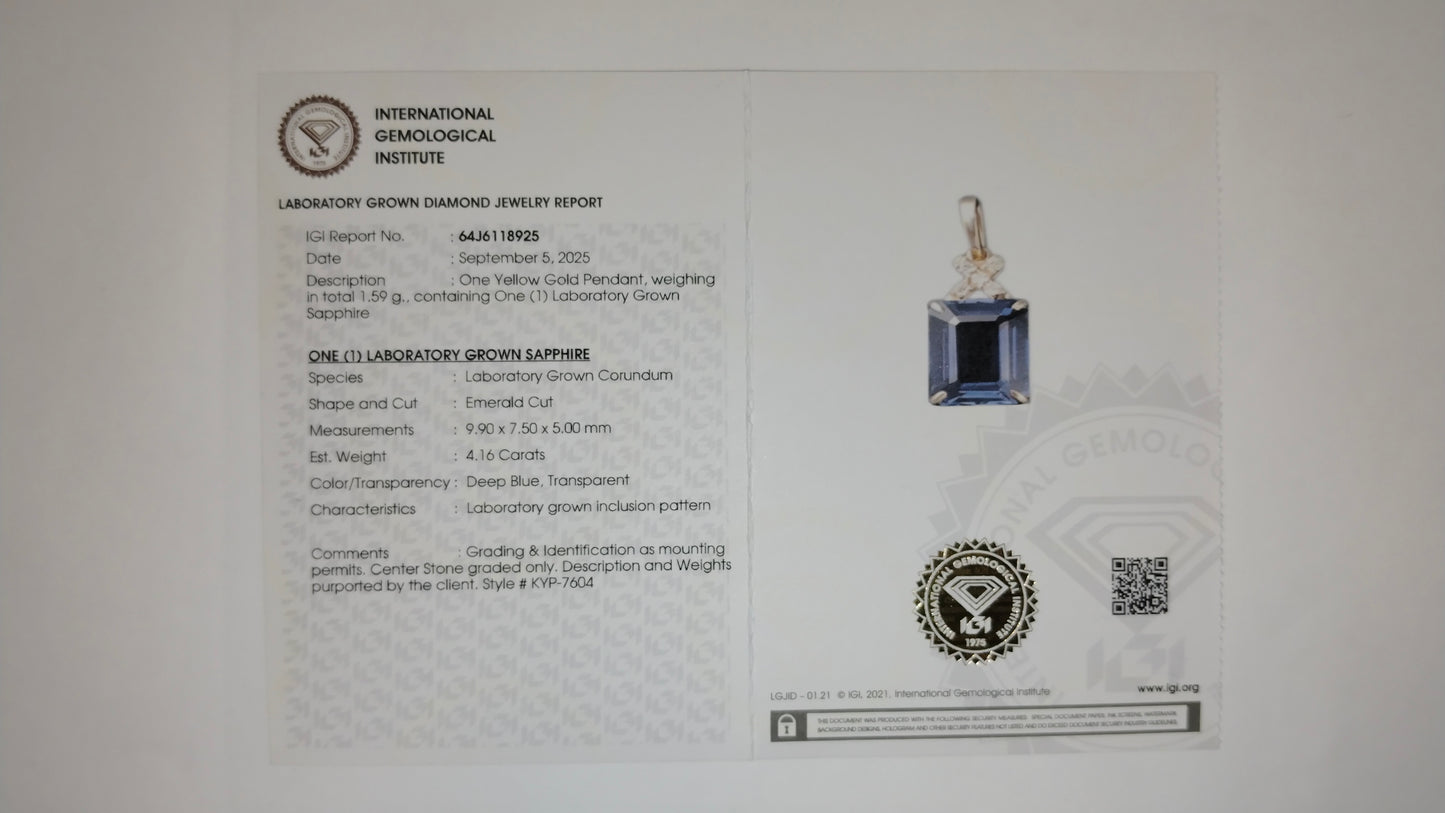 4.19 Ct Emerald Cut Lab Grown Sapphire 14K Gold Pendant