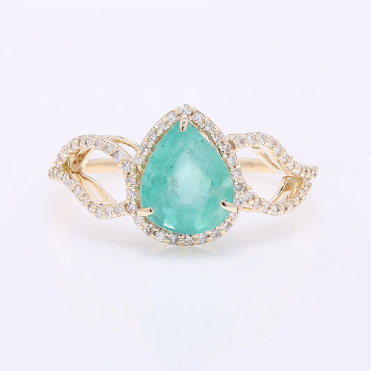 2.13 Ct Pear Mixed Cut Natural Emerald 14K Gold Ring