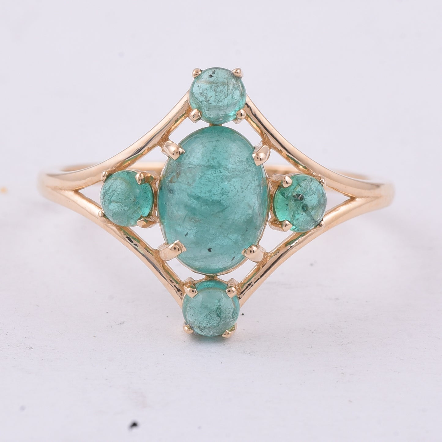 2.00 Ct Oval Cabochon Cut, Round Cabochon Cut Natural Emerald 14K Gold Ring