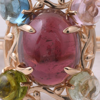 5.58 Ct Oval Cabochon Cut, Round Cabochon Cut Natural Multi-Coloured Tourmaline 14K Gold Ring