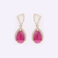 6.10 Ct Pear Cabochon Natural Rubellite 14K Gold Earrings