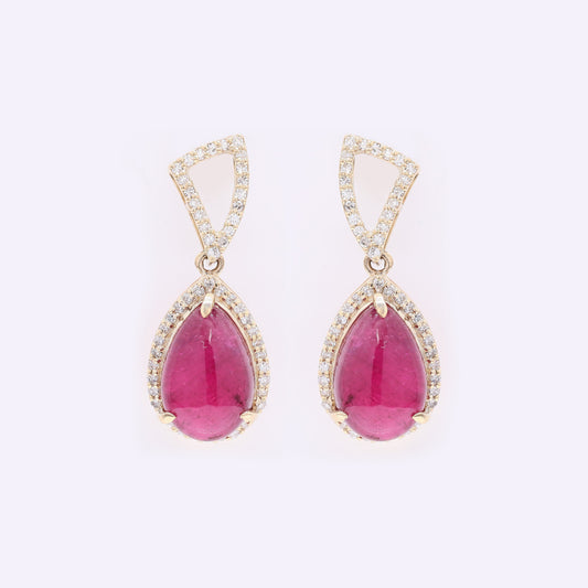 6.10 Ct Pear Cabochon Natural Rubellite 14K Gold Earrings