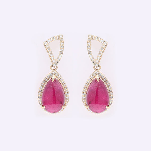 6.10 Ct Pear Cabochon Natural Rubellite 14K Gold Earrings
