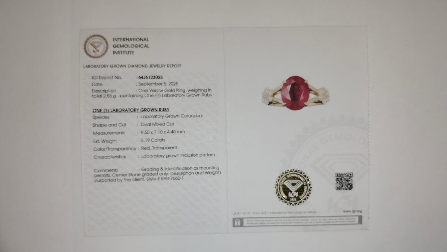 3.38 Ct Oval Mixed Cut Lab Grown Ruby 14K Gold Ring