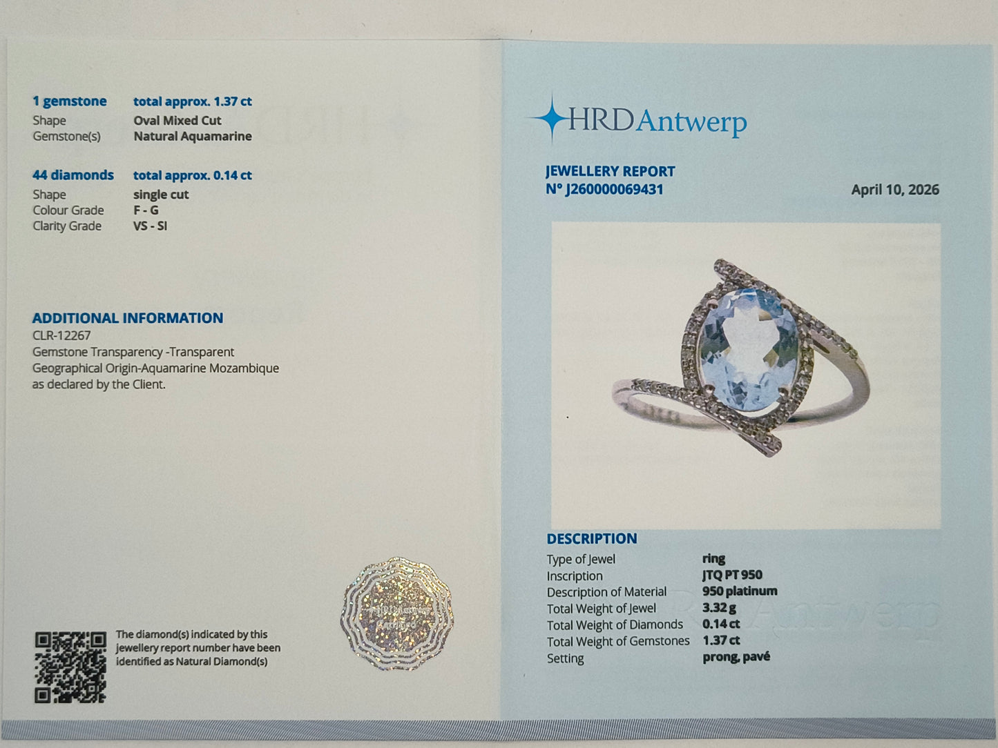 1.51 Ct Oval Mixed Cut Natural Aquamarine 950 Platinum Ring