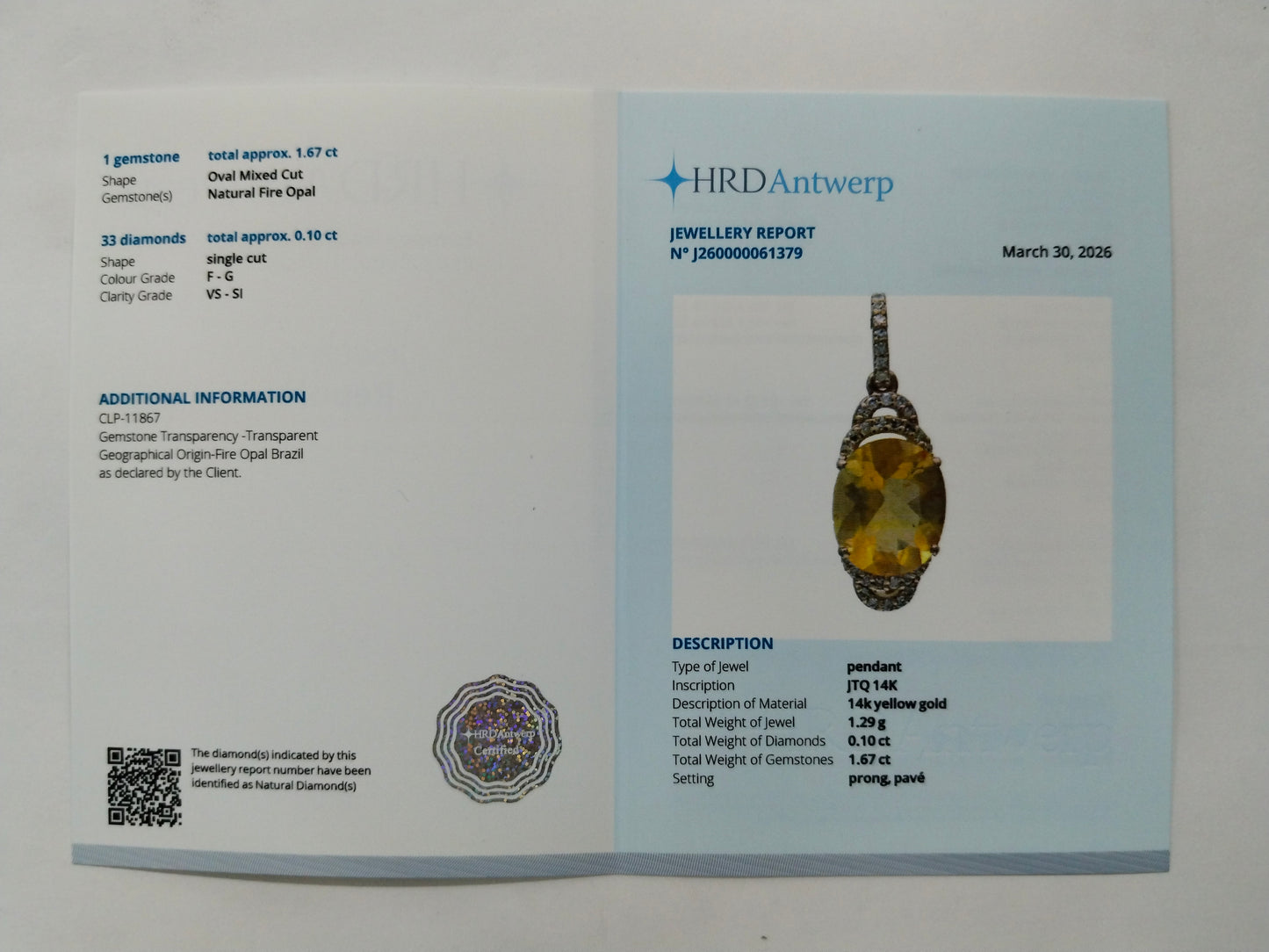 1.77 Ct Oval Mixed Cut Natural Fire Opal 14K Gold Pendant
