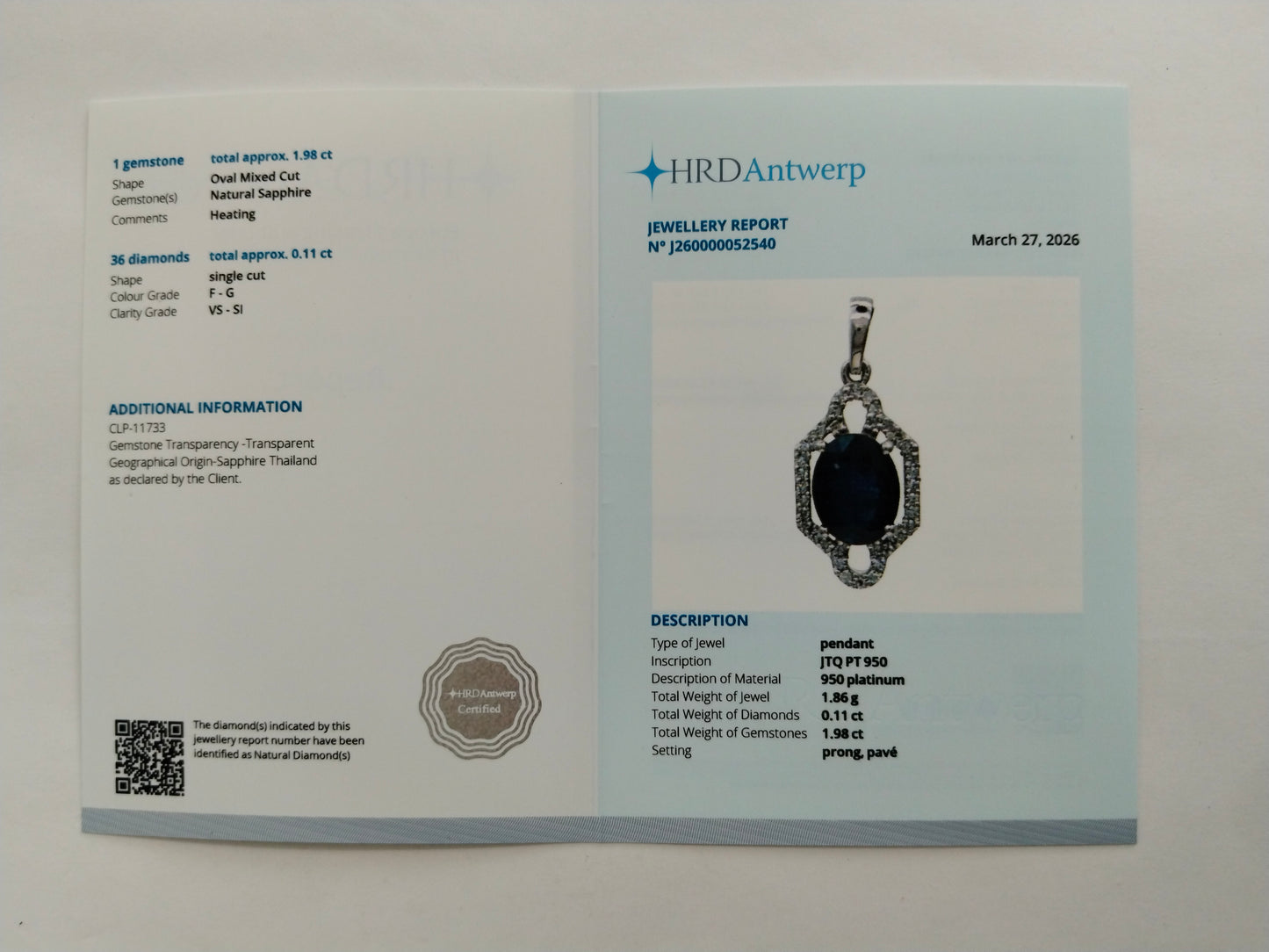 2.09 Ct Oval Mixed Cut Natural Sapphire 950 Platinum Pendant