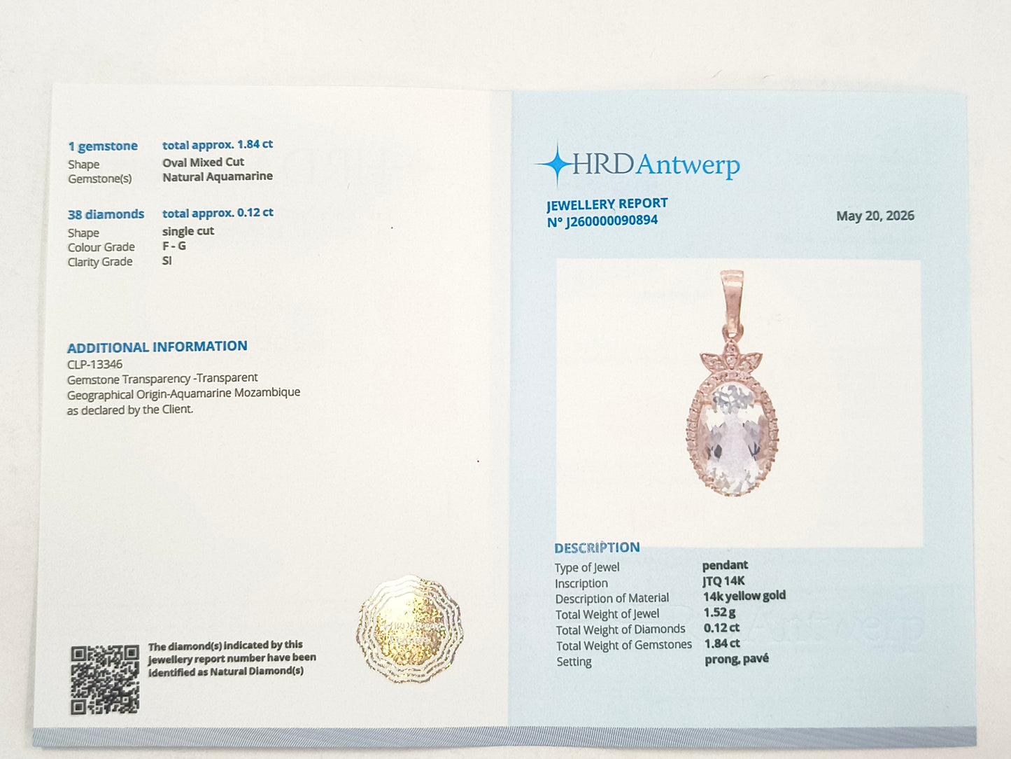 1.96 Ct Oval Aquamarine 14K Gold Pendant