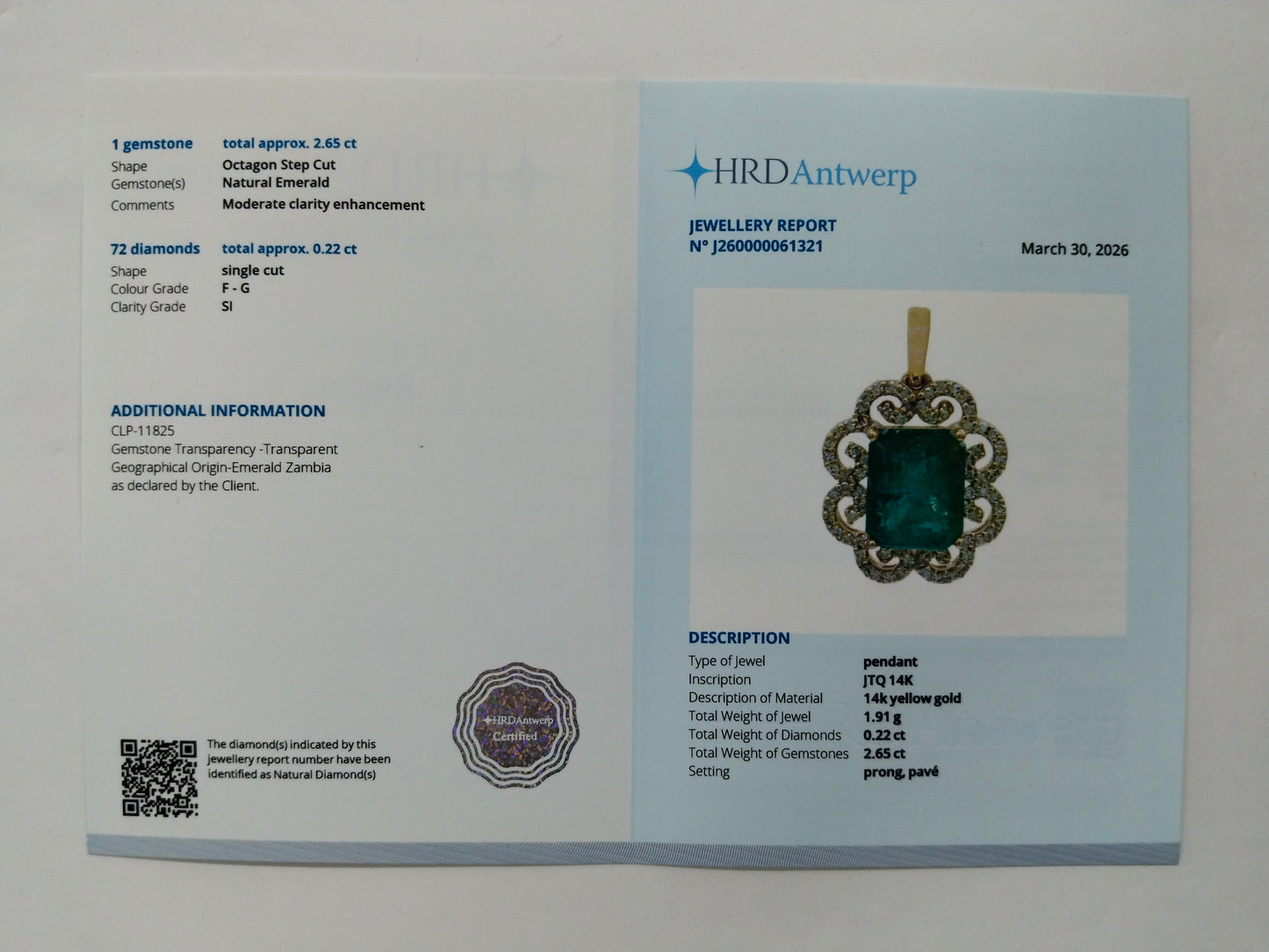 2.87 Ct Octagon Step Cut Natural Emerald 14K Gold Pendant
