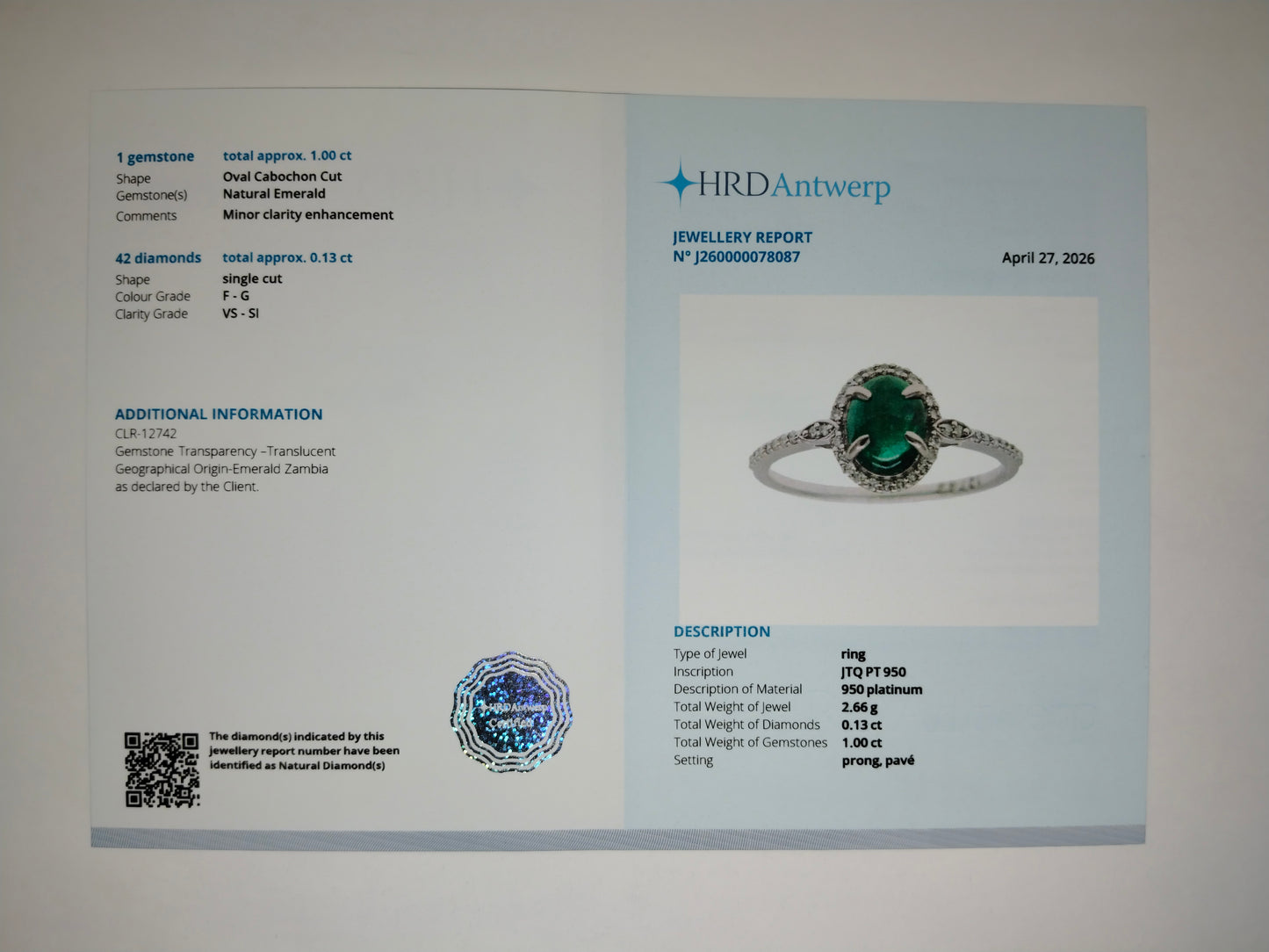 1.13 Ct Oval Cabochon Cut Natural Emerald 950 Platinum Ring