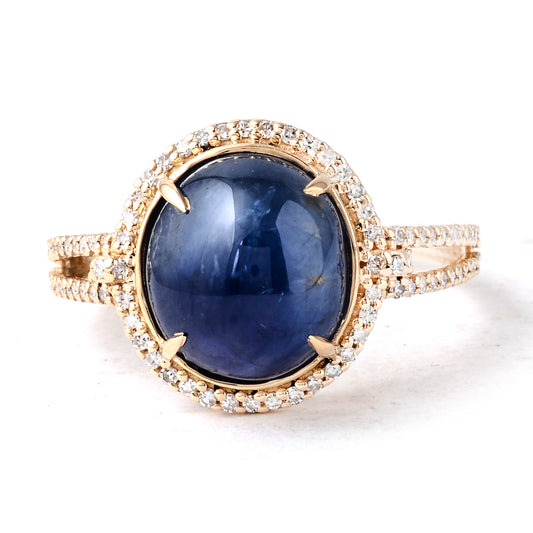 7.12 Ct Oval Cabochon Natural Corundum Sapphire 14K Gold Ring