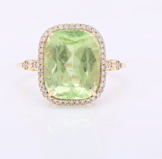 6.58 Ct Cushion Mixed Cut Natural Peridot 14K Gold Ring