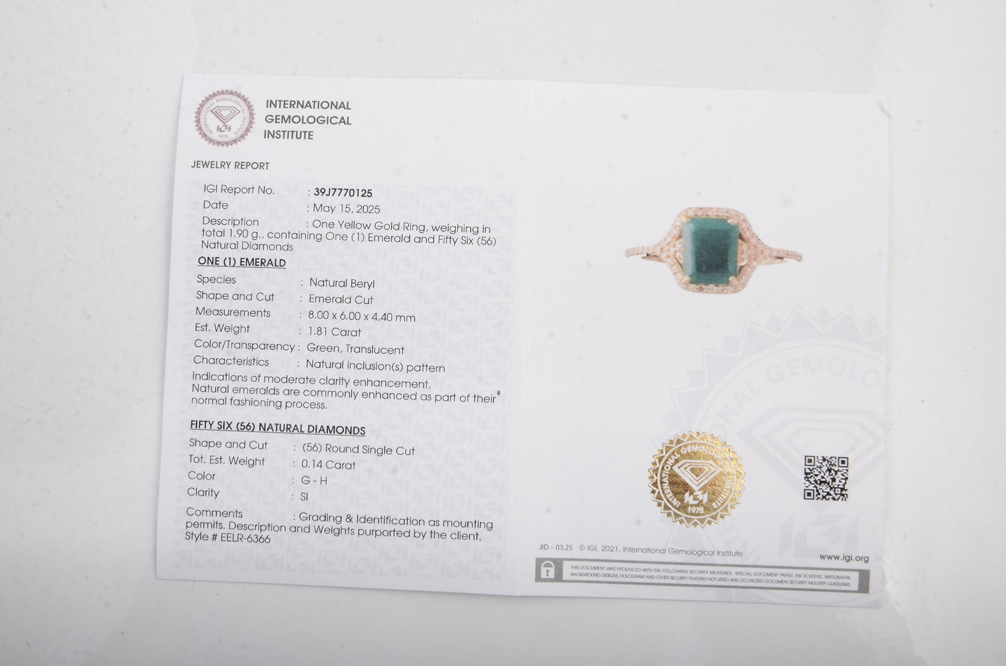 1.95 Ct Emerald Cut Natural Beryl Emerald 14K Gold Ring