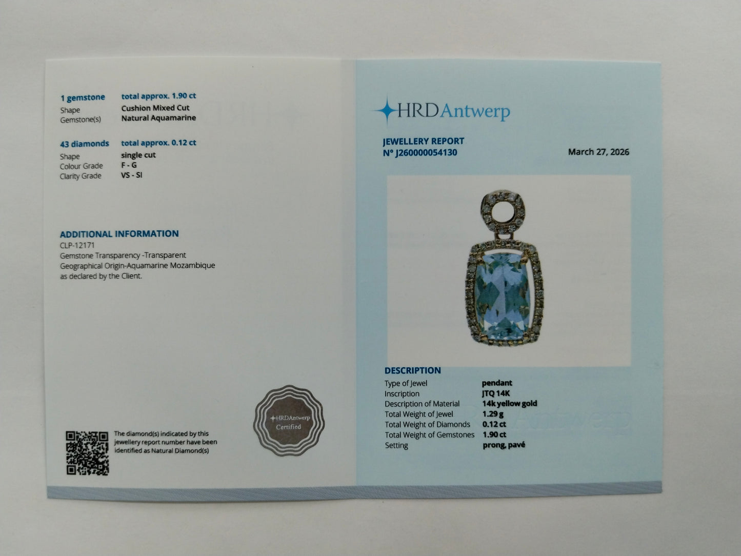 2.02 Ct Cushion Mixed Cut Natural Aquamarine 14K Gold Pendant