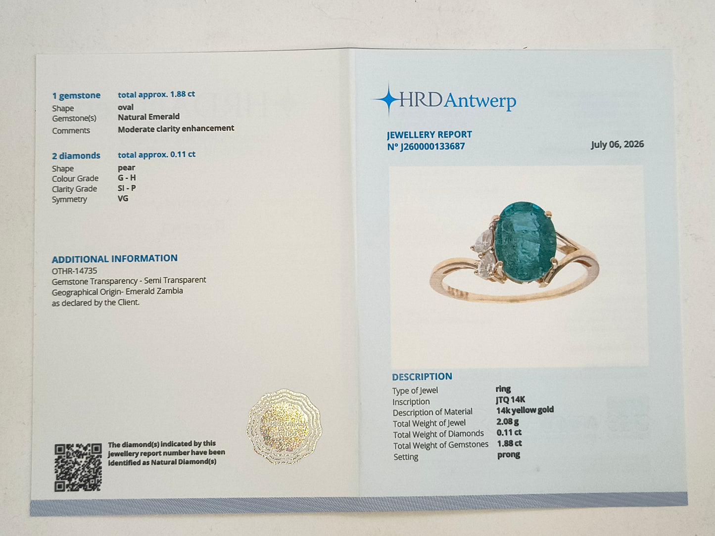 1.99 Ct Oval Natural Emerald 14K Gold Ring