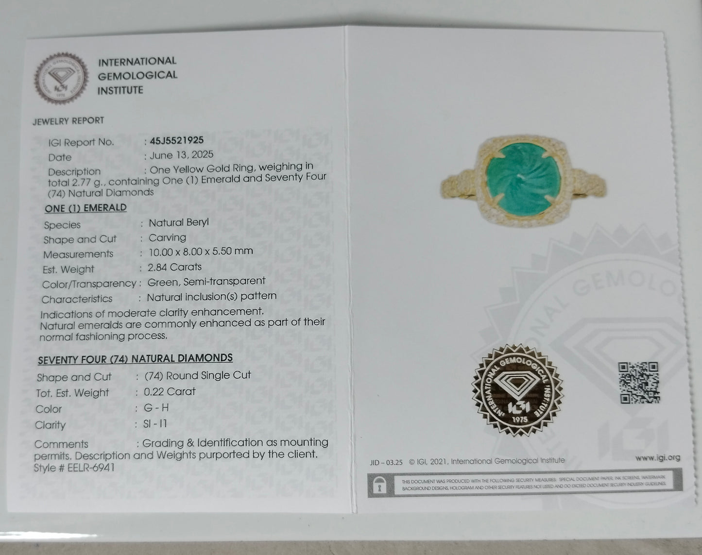 3.06 Ct Oval Carving Natural Beryl Emerald 14K Gold Ring