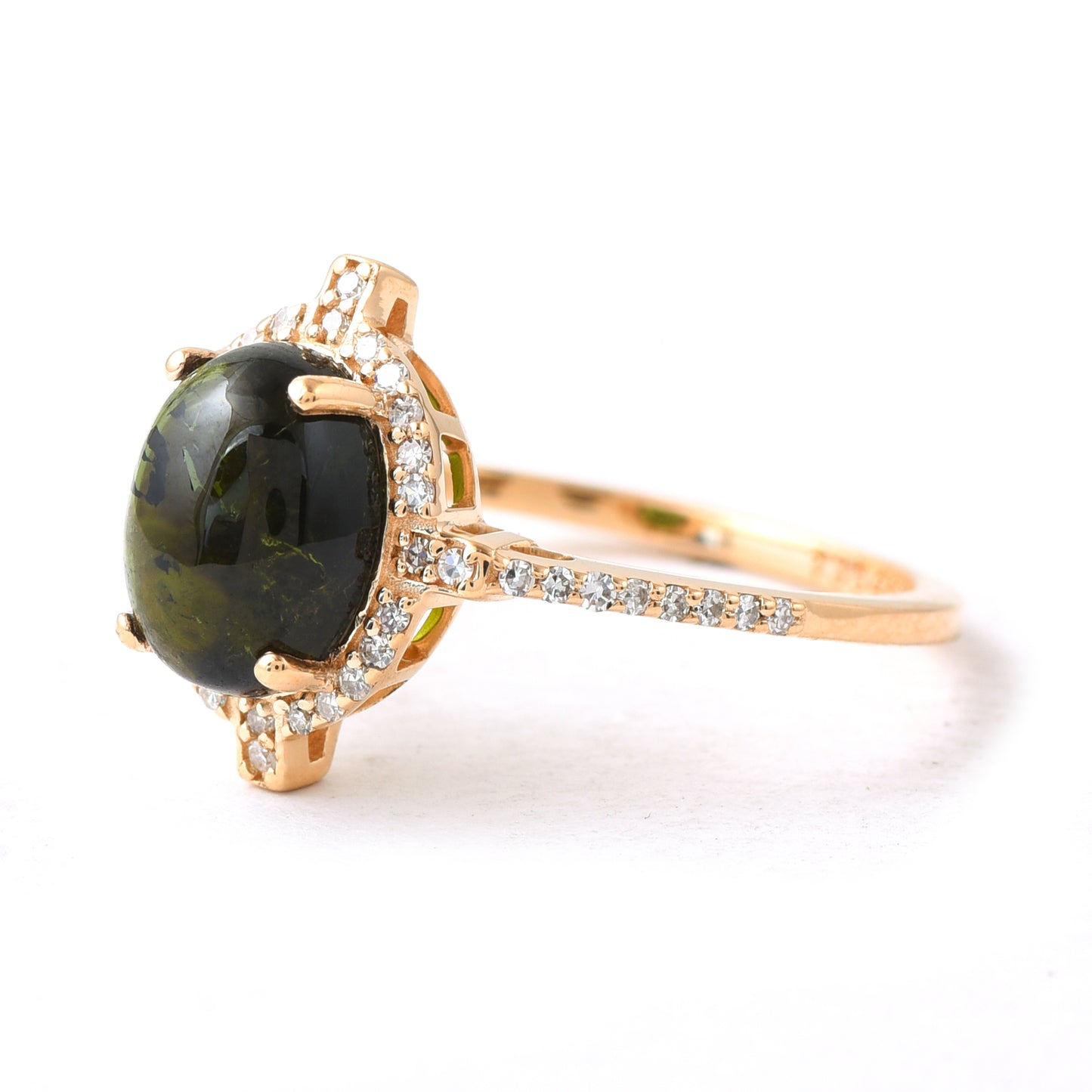 1.84 Ct Oval Cabochon Cut Natural Green Tourmaline 14K Gold Ring