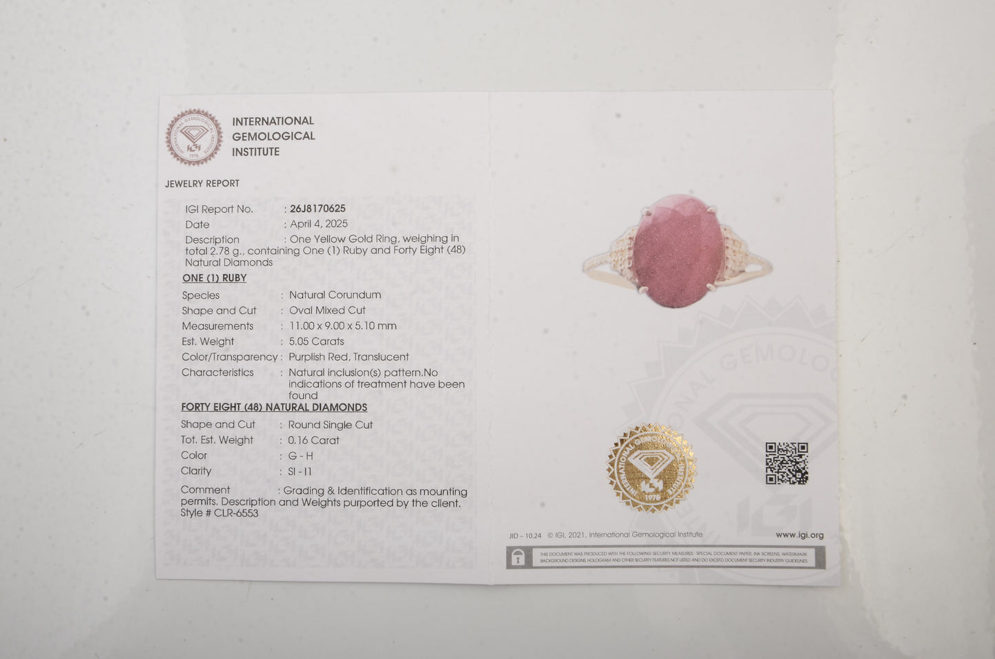 5.21 Ct Natural Codundum Ruby 14K Gold Ring