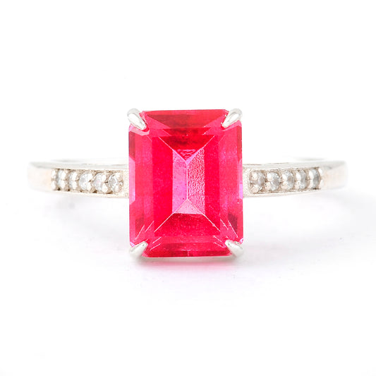 2.73 Ct Octagon Pink Topaz, White Zircon, 925 Sterling Silver Ring