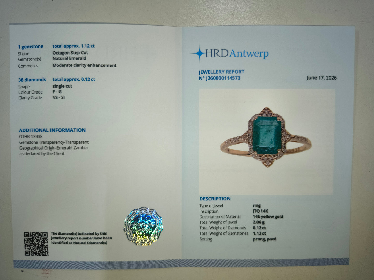 1.24 Ct Octagon Step Cut Natural Emerald 14K Gold Ring
