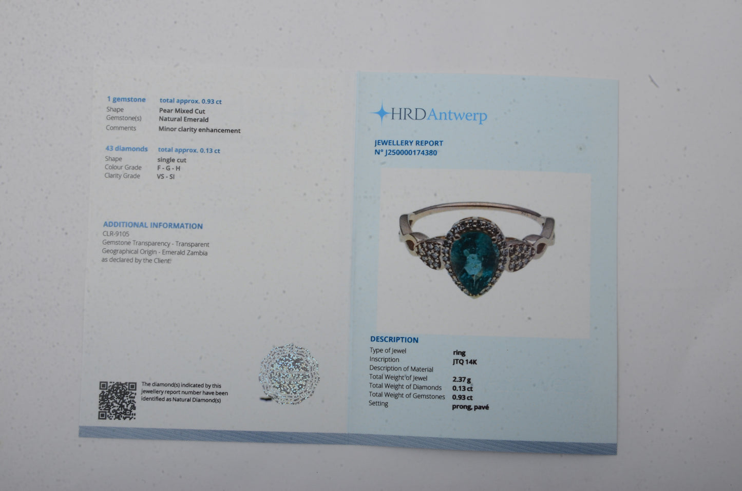 1.06 Ct Pear Mixed Cut Natural Emerald 14K Gold Ring