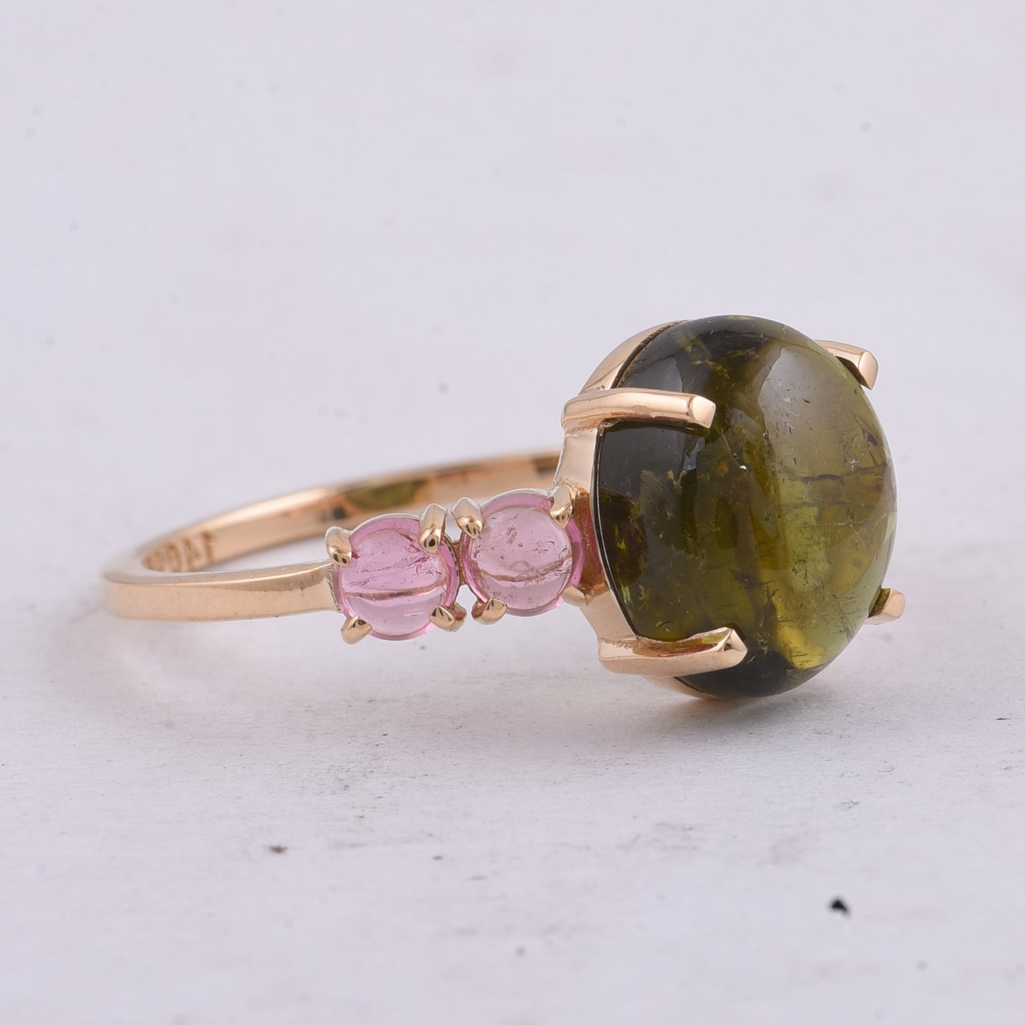 4.39 Ct Oval Cabochon Cut, Round Cabochon Cut Natural Multi-Coloured Tourmaline 14K Gold Ring
