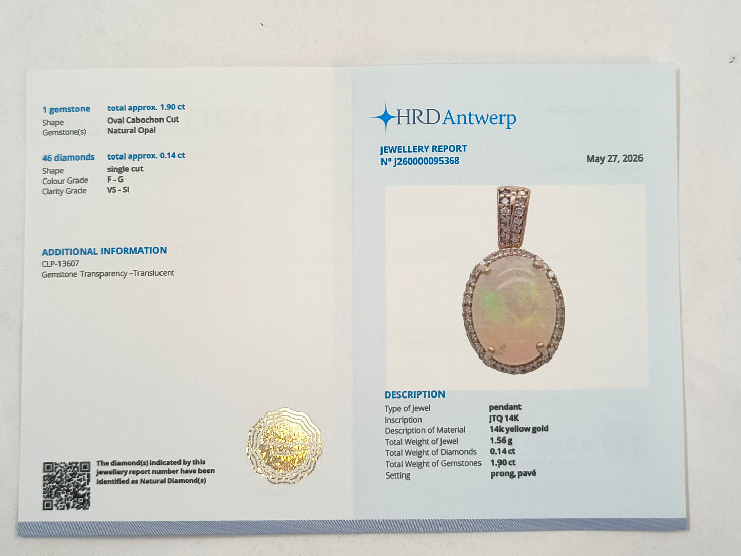 2.04 Ct Oval Cabochon Cut Natural Opal 14K Gold Pendant