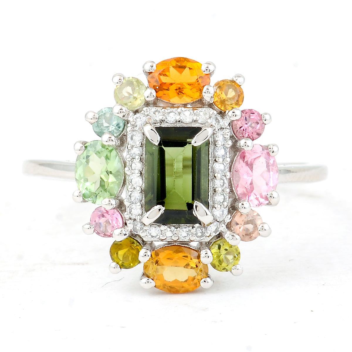 1.51 Ct Octagon Step Cut, Oval Mixed Cut, Round Mixed Cut Natural Multi-Coloured Tourmaline 950 Platinum Ring