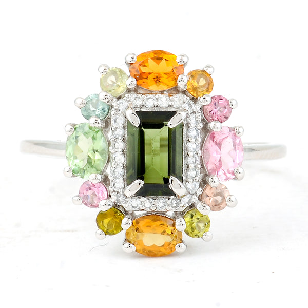 1.51 Ct Octagon Step Cut, Oval Mixed Cut, Round Mixed Cut Natural Multi-Coloured Tourmaline 950 Platinum Ring