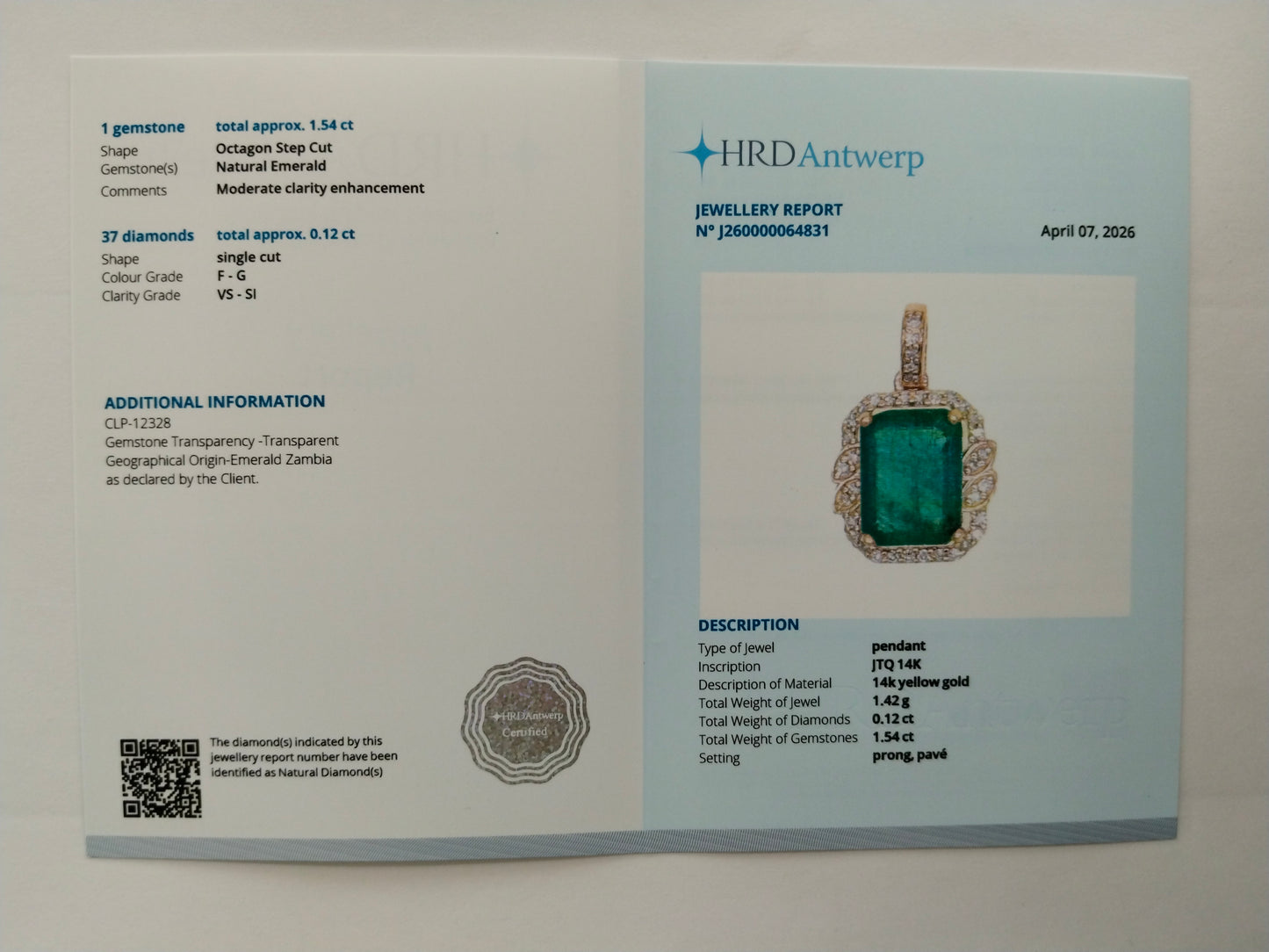 1.66 Ct Octagon Step Cut Natural Emerald 14K Gold Pendant