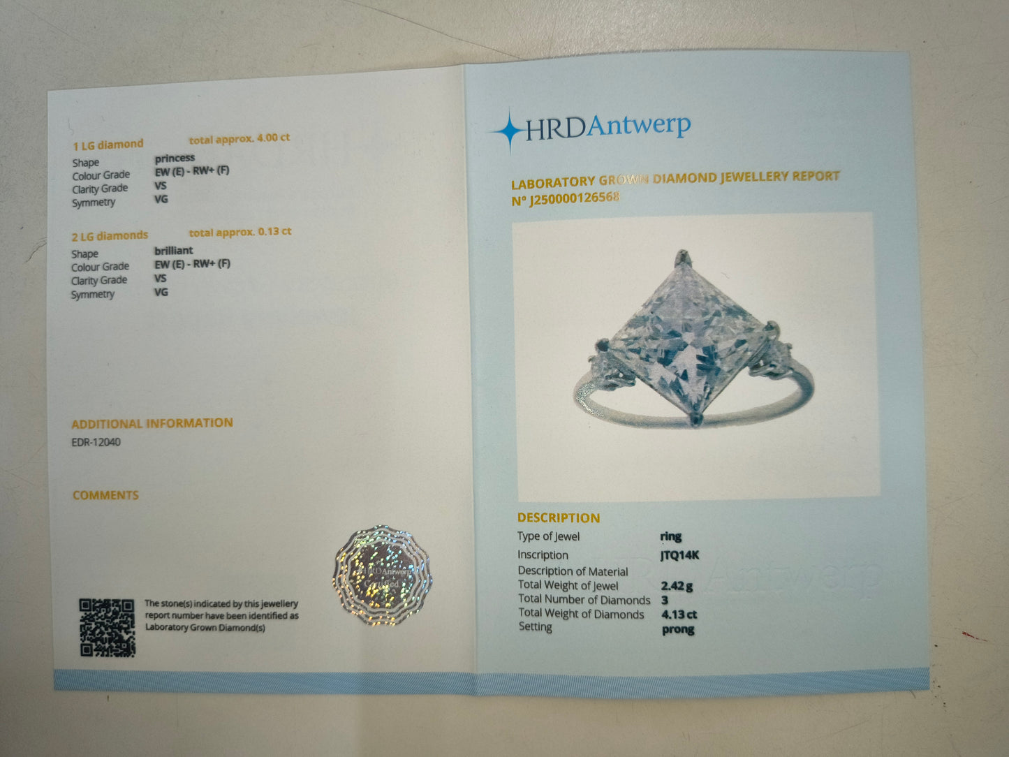 4.13 Carats Lab Grown Diamond 14K Gold Ring