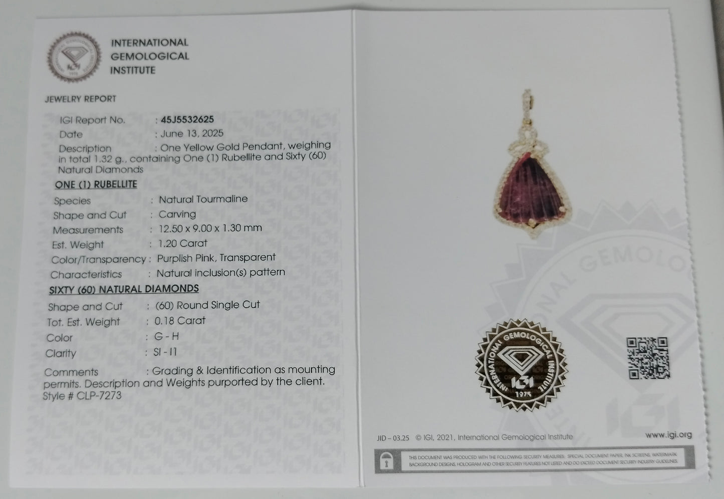 1.38 Ct Fancy Carving Natural Tourmaline 14K Gold Pendant