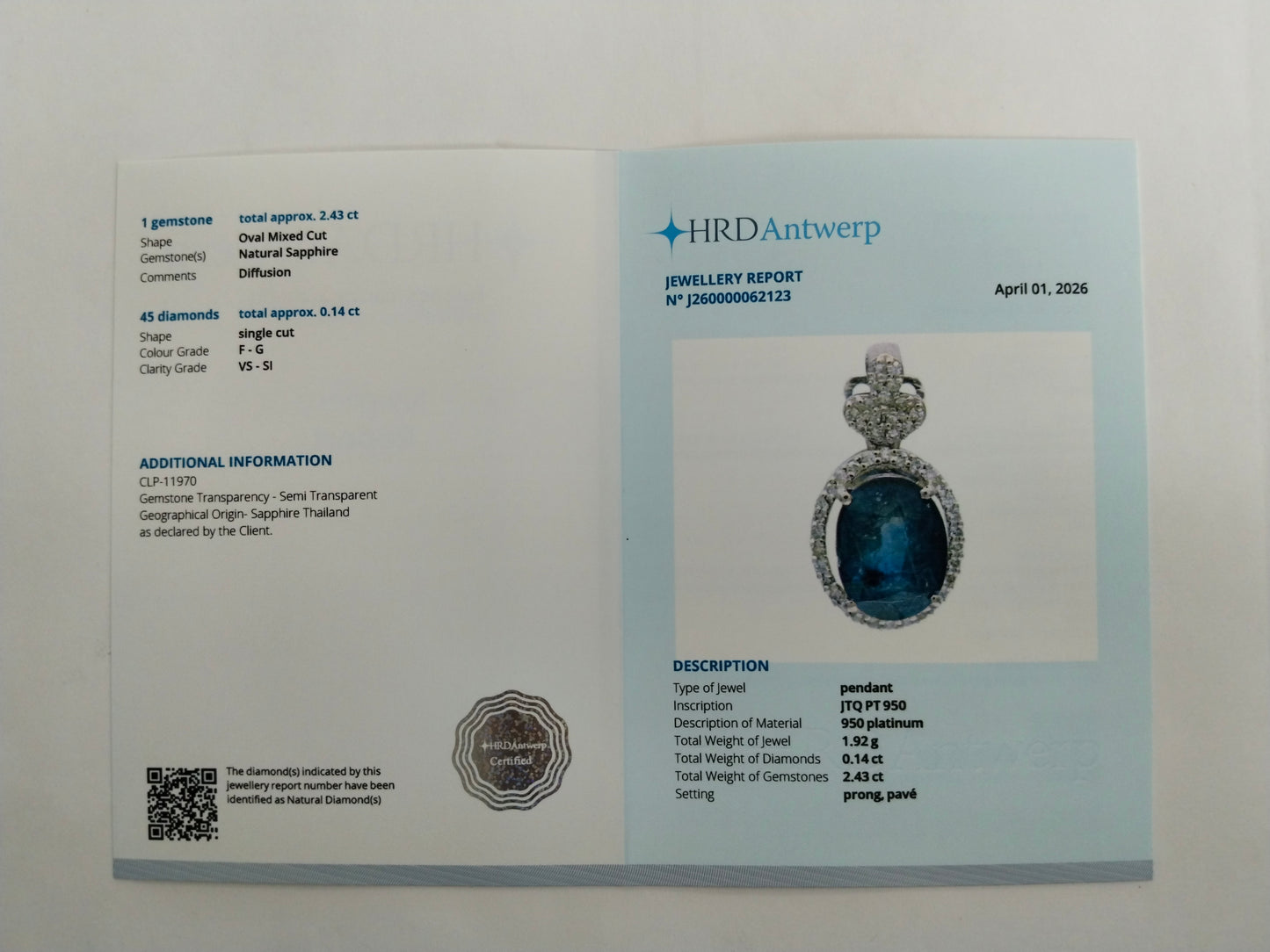 2.57 Ct Oval Mixed Cut Natural Sapphire 950 Platinum Pendant
