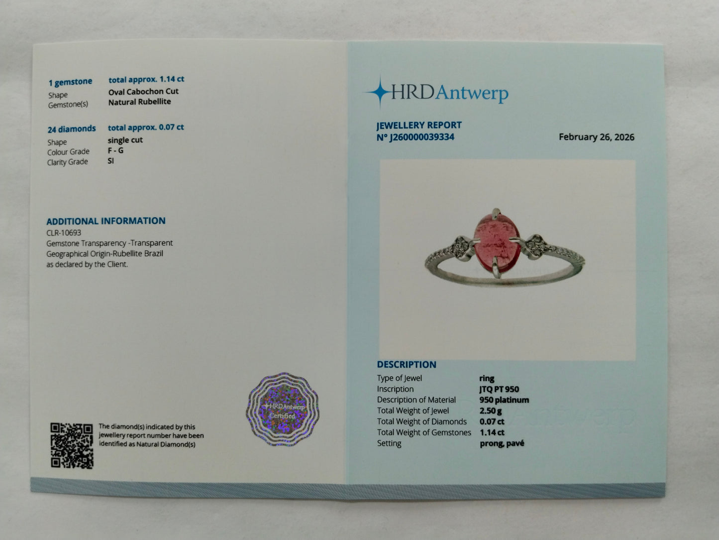 1.21 Ct Oval Cabochon Cut Natural Rubellite 950 Platinum Ring