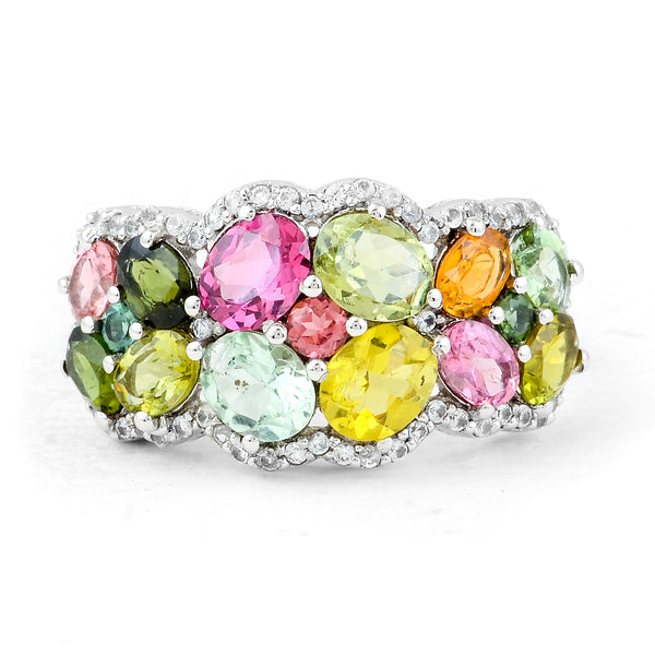 2.93 Ct Oval Mixed Cut, Round Mixed Cut Natural Multi-Coloured Tourmaline 950 Platinum Ring
