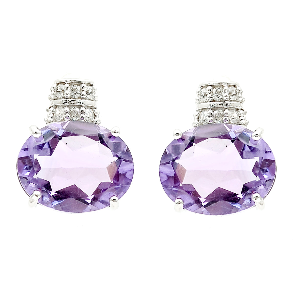 4.51 Ct Oval Amethyst, White Zircon 925 Sterling Silver Earrings