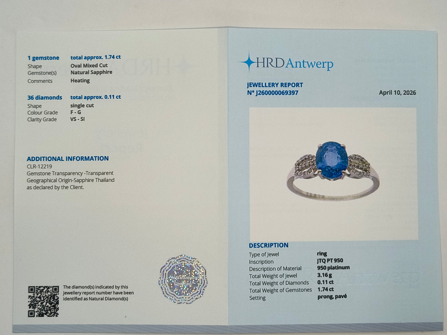 1.85 Ct Oval Mixed Cut Natural Sapphire 950 Platinum Ring
