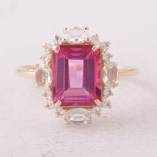 3.98 Ct Octagon Pink Topaz 9K Gold Ring