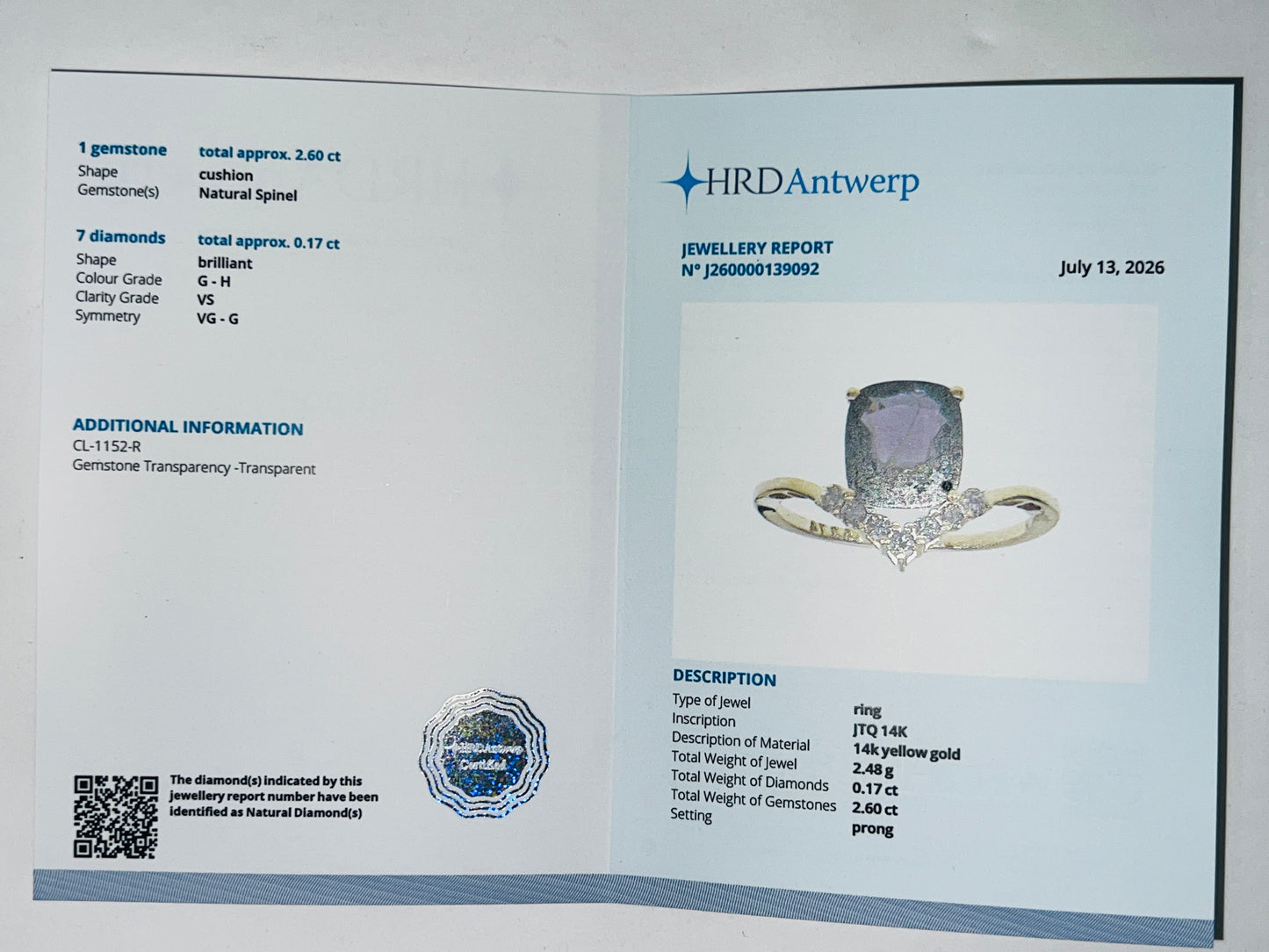 2.77 Ct Cushion Natural Spinel 14K Gold Ring