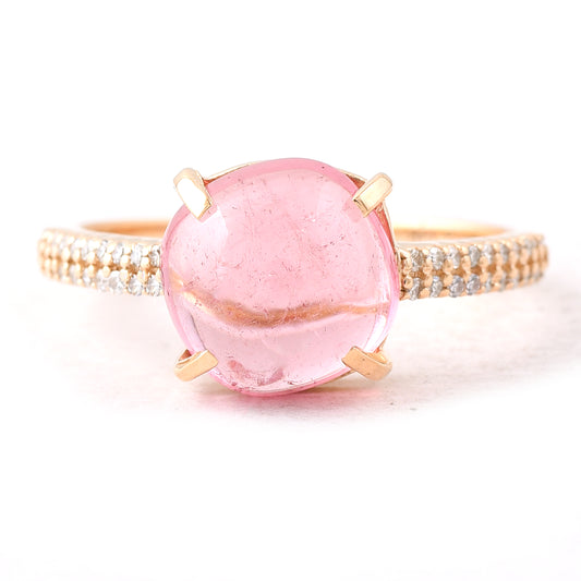 3.52 Ct Cushion Cabochon Cut Natural Pink Tourmaline 14K Gold Ring