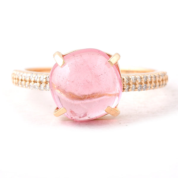 3.52 Ct Cushion Cabochon Cut Natural Pink Tourmaline 14K Gold Ring