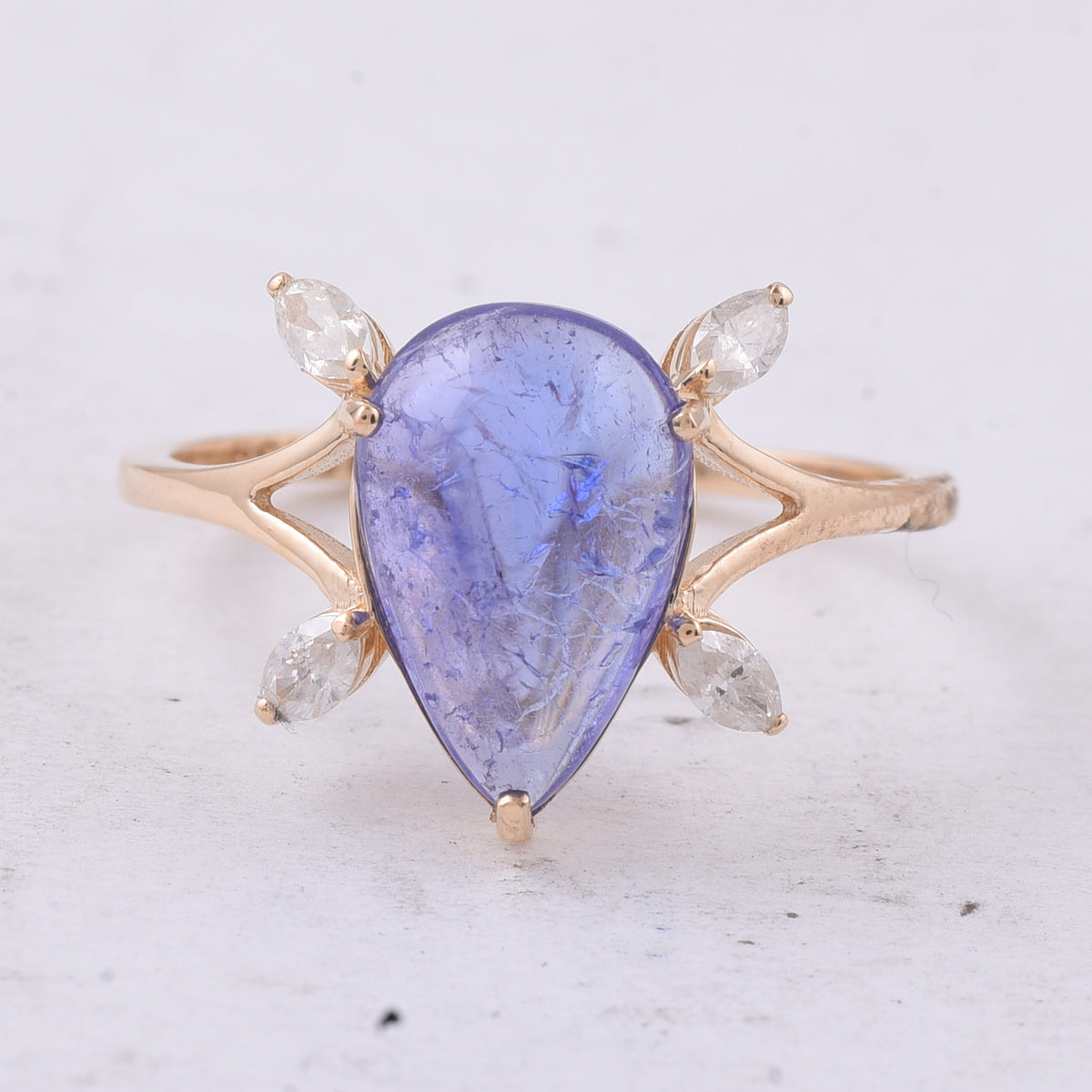 2.72 Ct Pear Cabochon Natural Tanzanite 14K Gold Ring