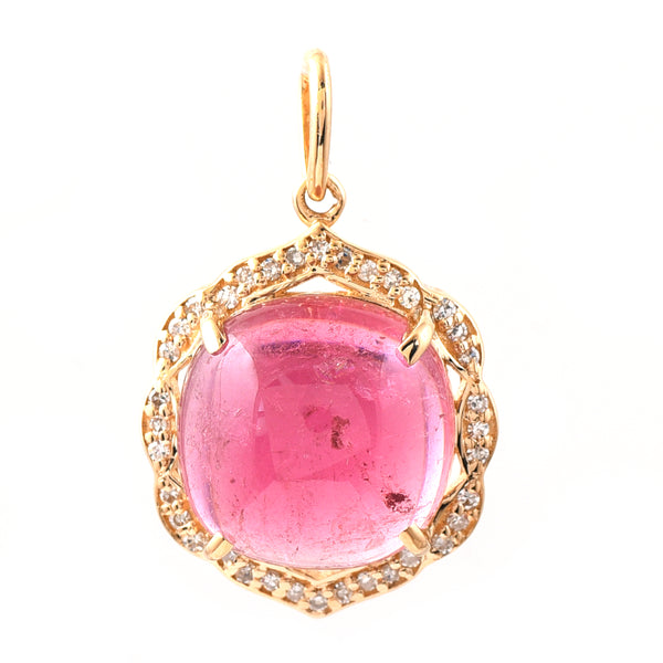 6.10 Ct Cushion Cabochon Cut Natural Pink Tourmaline 14K Gold Pendant
