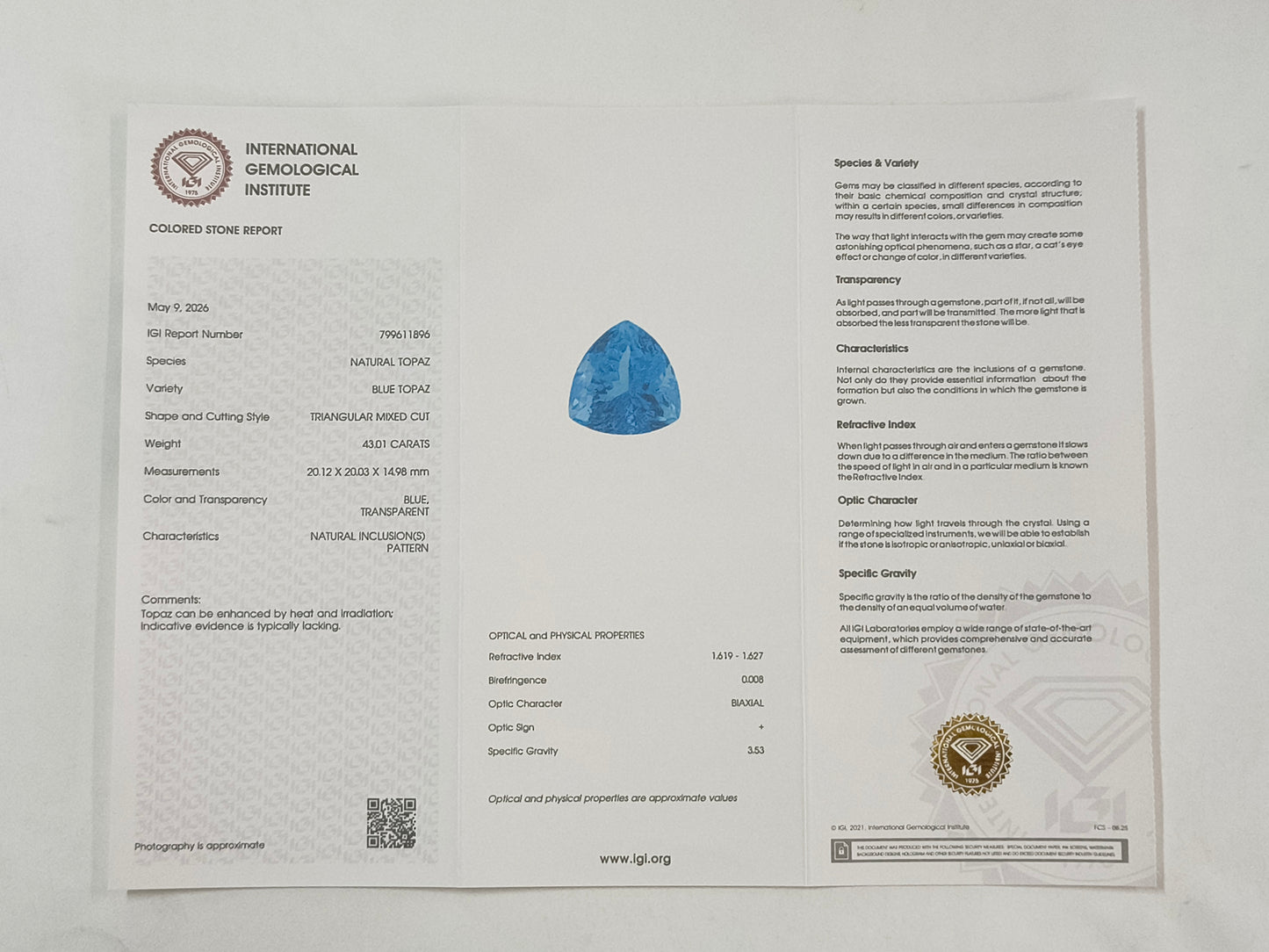43.01 Natural Topaz Blue Topaz Triangular Mixed Cut Gemstone