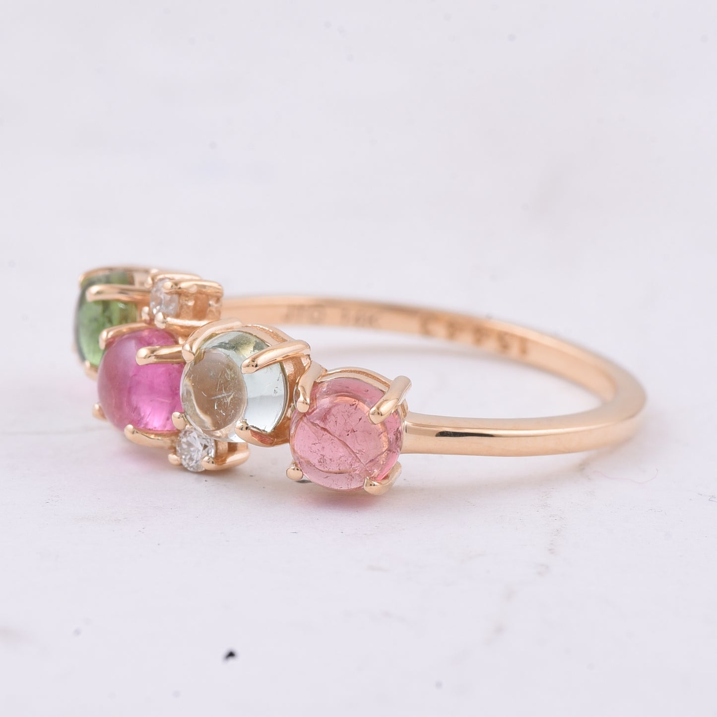 1.83 Ct Round Cabochon Cut Natural Multi Coloured Tourmaline 14K Gold Ring