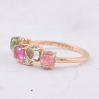 1.83 Ct Round Cabochon Cut Natural Multi Coloured Tourmaline 14K Gold Ring