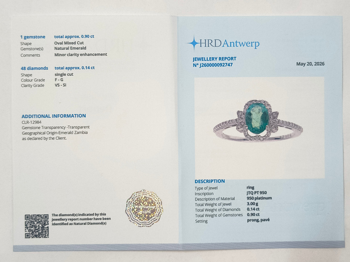 1.04 Ct Oval Emerald 950 Platinum Ring