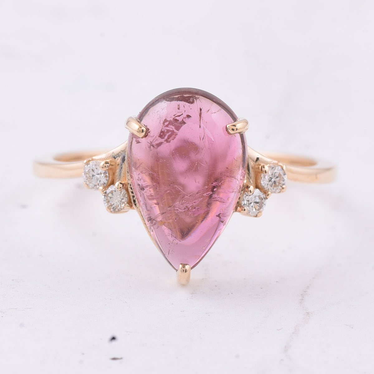 2.67 Ct Pear Cabochon Natural Pink Tourmaline 14K Gold Ring